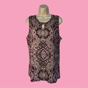 Ann Taylor Sleevless Damask-like Pattern in Pinks and Taupe, Peek-a-Boo Neck L